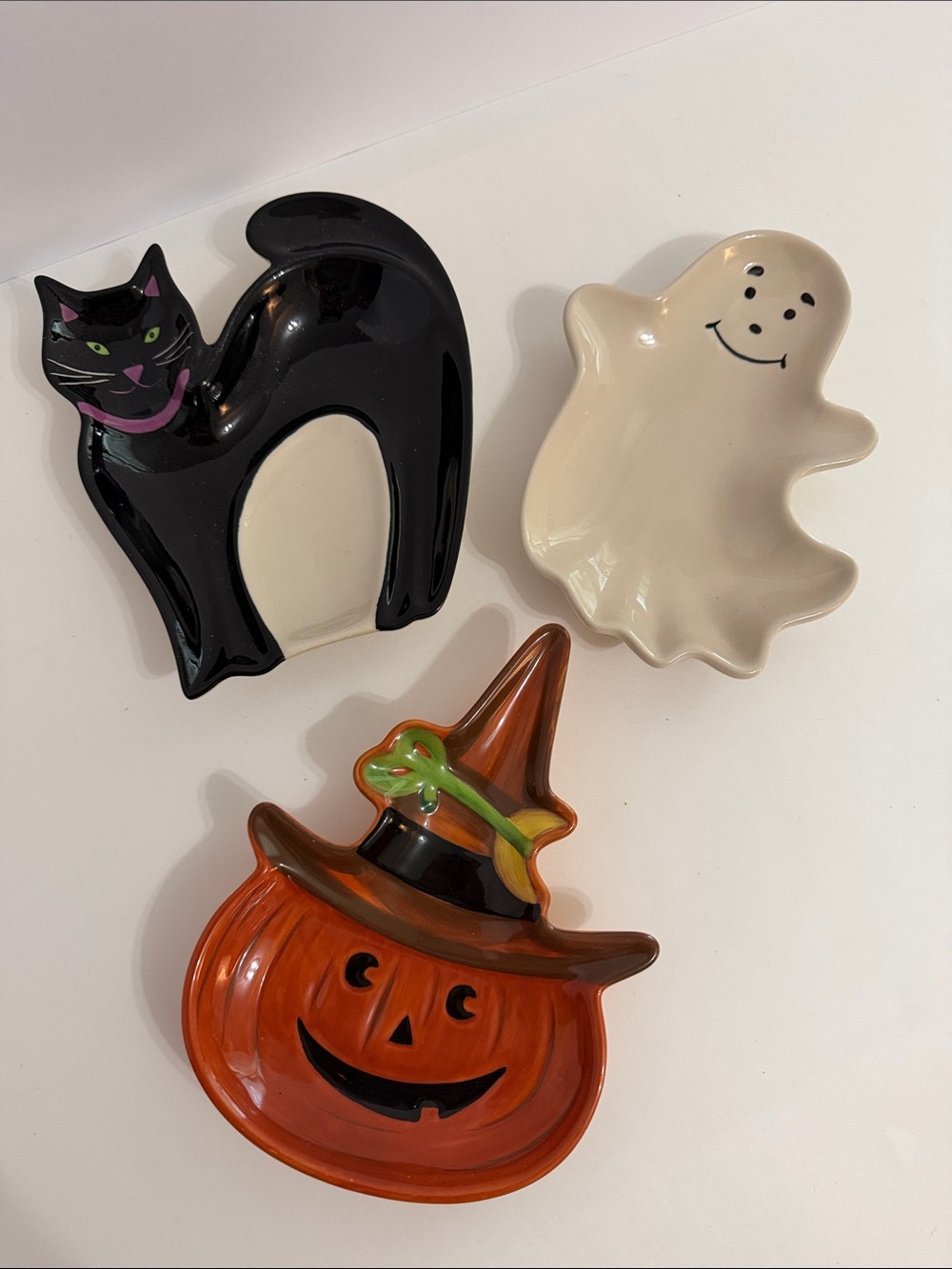 Longaberger Halloween Ceramic Treat Dishes Set of 3 Cat Ghost Pumpkin